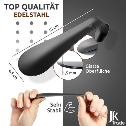 Maßangaben & Materialdetails des Schuhlöffels aus Edelstahl in Schwarz, 15 cm Länge