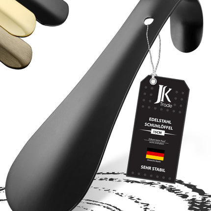 Titelbild mit Farbauswahl & Etikett des Schuhlöffels aus Edelstahl in Schwarz, 15 cm Länge