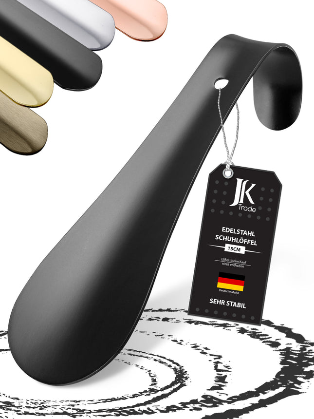 Titelbild mit Farbauswahl & Etikett des Schuhlöffels aus Edelstahl in Schwarz, 15 cm Länge