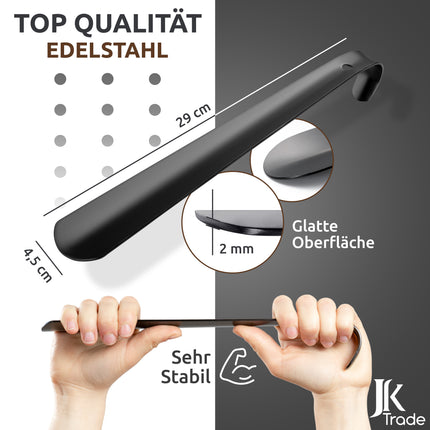 Maßangaben & Materialdetails des Schuhlöffels aus Edelstahl in Schwarz, 29 cm Länge
