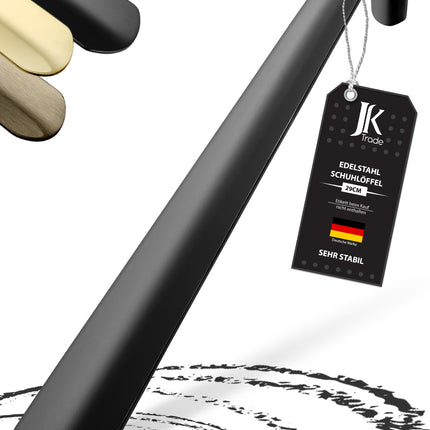 Titelbild mit Farbauswahl & Etikett des Schuhlöffels aus Edelstahl in Schwarz, 29 cm Länge