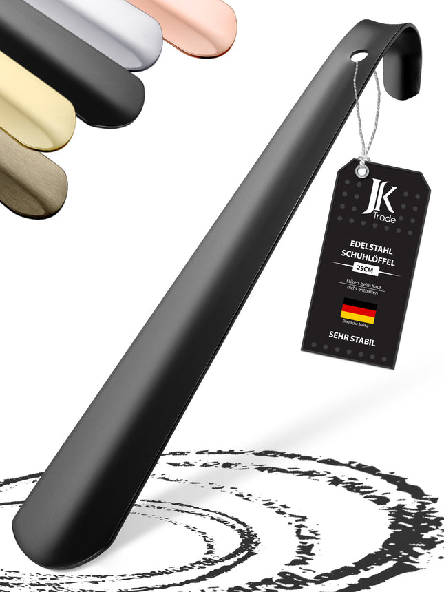 Titelbild mit Farbauswahl & Etikett des Schuhlöffels aus Edelstahl in Schwarz, 29 cm Länge