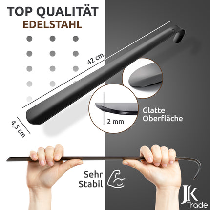 Maßangaben & Materialdetails des Schuhlöffels aus Edelstahl in Schwarz, 42 cm Länge