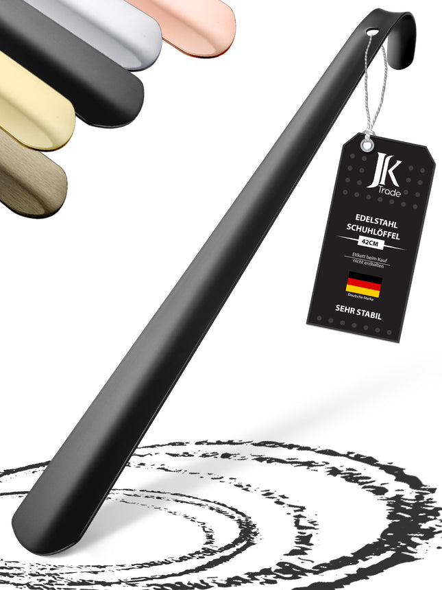 Titelbild mit Farbauswahl & Etikett des Schuhlöffels aus Edelstahl in Schwarz, 42 cm Länge