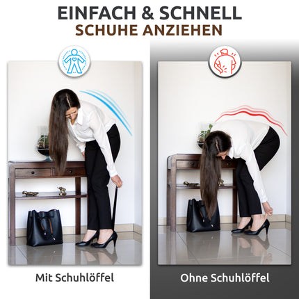 Vergleich mit und ohne Schuhlöffel des Schuhlöffels aus Edelstahl in Schwarz, 42 cm Länge