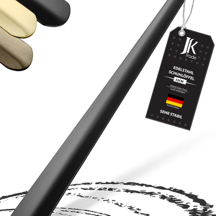 Titelbild mit Farbauswahl & Etikett des Schuhlöffels aus Edelstahl in Schwarz, 52 cm Länge