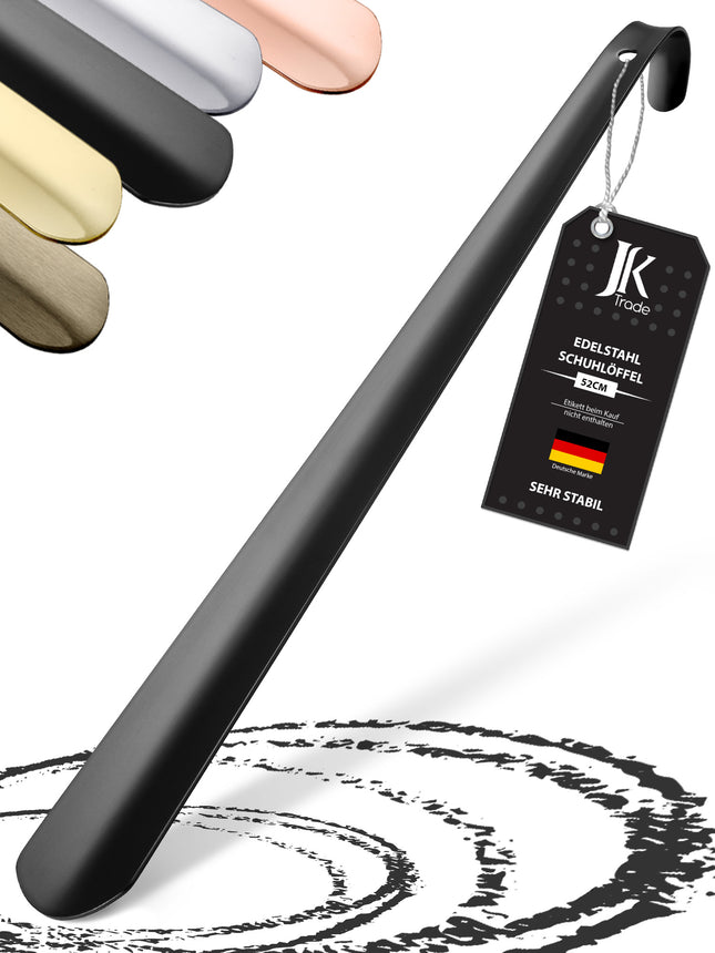 Titelbild mit Farbauswahl & Etikett des Schuhlöffels aus Edelstahl in Schwarz, 52 cm Länge