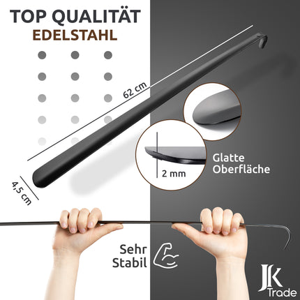 Maßangaben & Materialdetails des Schuhlöffels aus Edelstahl in Schwarz, 62 cm Länge