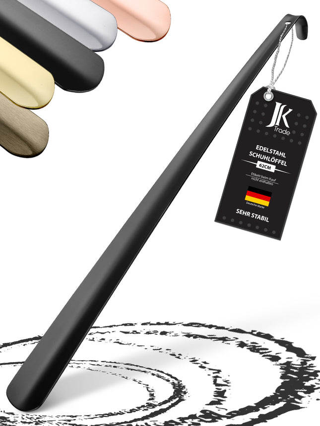 Titelbild mit Farbauswahl & Etikett des Schuhlöffels aus Edelstahl in Schwarz, 62 cm Länge