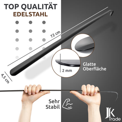 Maßangaben & Materialdetails des Schuhlöffels aus Edelstahl in Schwarz, 72 cm Länge