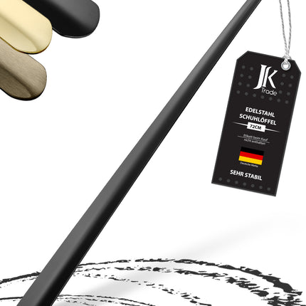 Titelbild mit Farbauswahl & Etikett des Schuhlöffels aus Edelstahl in Schwarz, 72 cm Länge