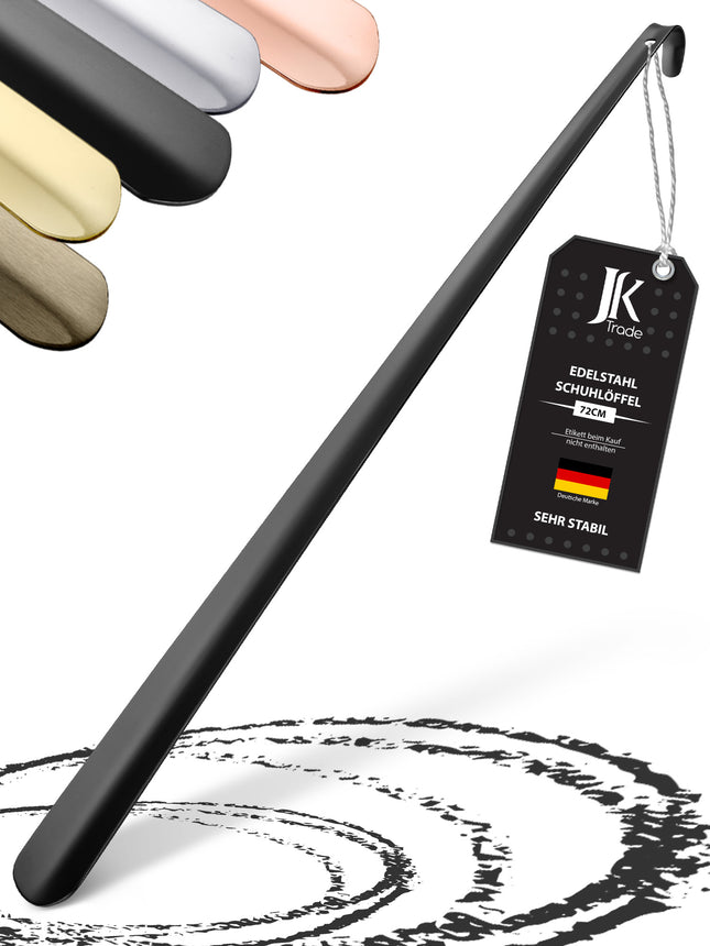 Titelbild mit Farbauswahl & Etikett des Schuhlöffels aus Edelstahl in Schwarz, 72 cm Länge
