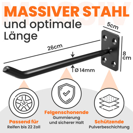 Schwarze Reifenwandhalterung aus massivem Stahl mit gummierter Oberfläche, Maße und Pulverbeschichtung