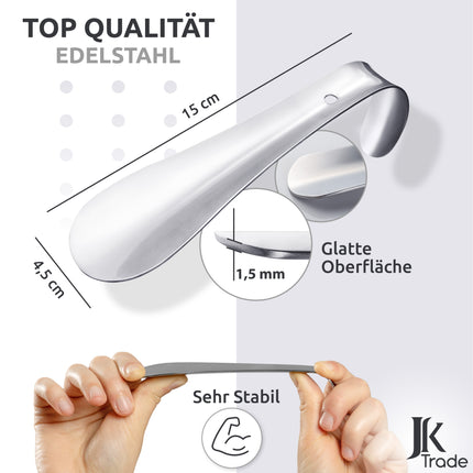 Maßangaben & Materialdetails des Schuhlöffels aus Edelstahl in Silber, 15 cm Länge