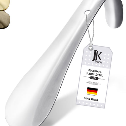 Titelbild mit Farbauswahl & Etikett des Schuhlöffels aus Edelstahl in Silber, 15 cm Länge