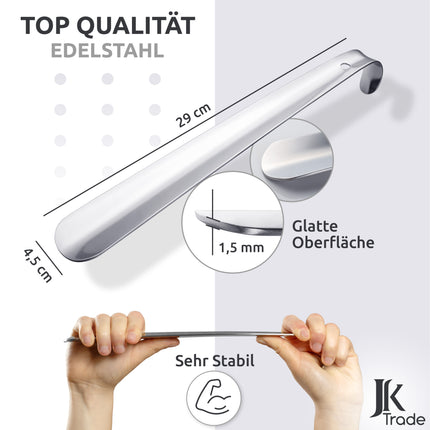 Maßangaben & Materialdetails des Schuhlöffels aus Edelstahl in Silber, 29 cm Länge