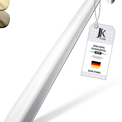 Titelbild mit Farbauswahl & Etikett des Schuhlöffels aus Edelstahl in Silber, 29 cm Länge