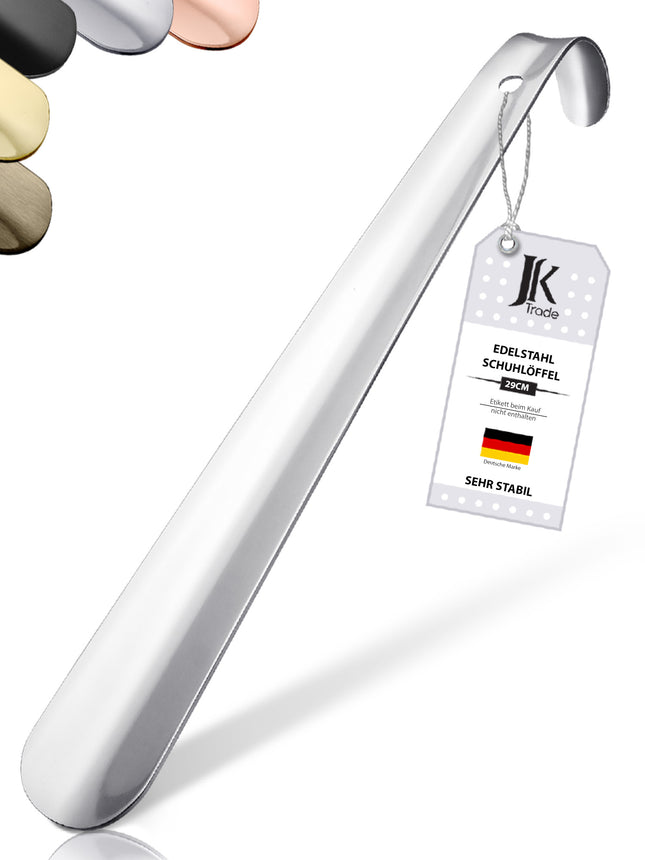 Titelbild mit Farbauswahl & Etikett des Schuhlöffels aus Edelstahl in Silber, 29 cm Länge