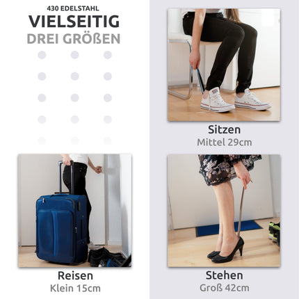 Anwendungsbilder für verschiedene Größen des Schuhlöffels aus Edelstahl in Silber, 42 cm Länge