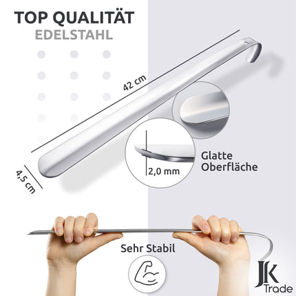 Maßangaben & Materialdetails des Schuhlöffels aus Edelstahl in Silber, 42 cm Länge