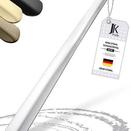 Titelbild mit Farbauswahl & Etikett des Schuhlöffels aus Edelstahl in Silber, 42 cm Länge