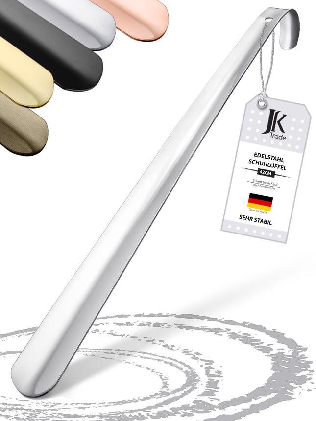 Titelbild mit Farbauswahl & Etikett des Schuhlöffels aus Edelstahl in Silber, 42 cm Länge