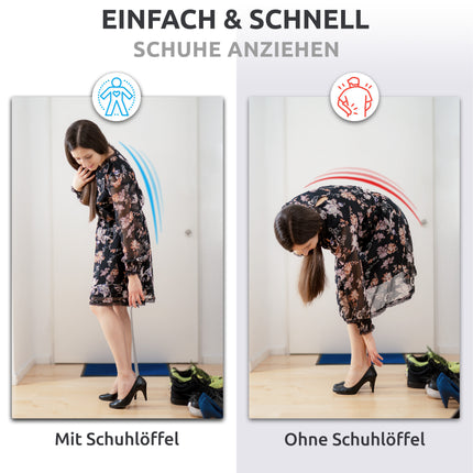 Vergleich mit und ohne Schuhlöffel des Schuhlöffels aus Edelstahl in Silber, 42 cm Länge