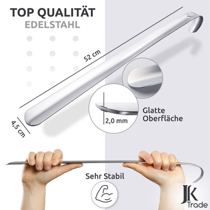 Maßangaben & Materialdetails des Schuhlöffels aus Edelstahl in Silber, 52 cm Länge