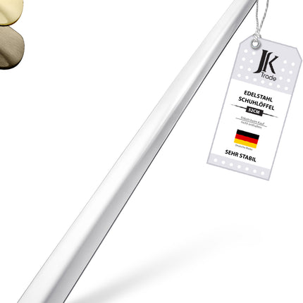 Titelbild mit Farbauswahl & Etikett des Schuhlöffels aus Edelstahl in Silber, 52 cm Länge