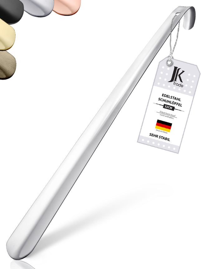 Titelbild mit Farbauswahl & Etikett des Schuhlöffels aus Edelstahl in Silber, 52 cm Länge