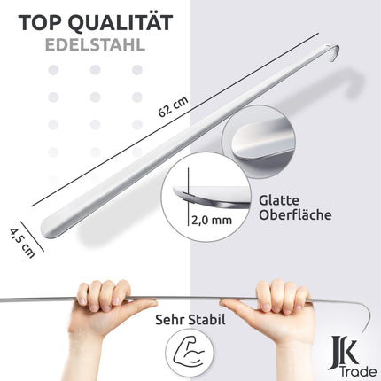 Maßangaben & Materialdetails des Schuhlöffels aus Edelstahl in Silber, 62 cm Länge