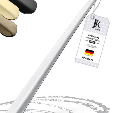 Titelbild mit Farbauswahl & Etikett des Schuhlöffels aus Edelstahl in Silber, 62 cm Länge