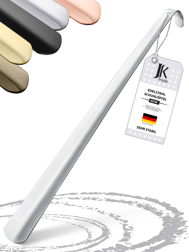 Titelbild mit Farbauswahl & Etikett des Schuhlöffels aus Edelstahl in Silber, 62 cm Länge