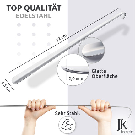 Maßangaben & Materialdetails des Schuhlöffels aus Edelstahl in Silber, 72 cm Länge