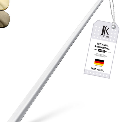 Titelbild mit Farbauswahl & Etikett des Schuhlöffels aus Edelstahl in Silber, 72 cm Länge
