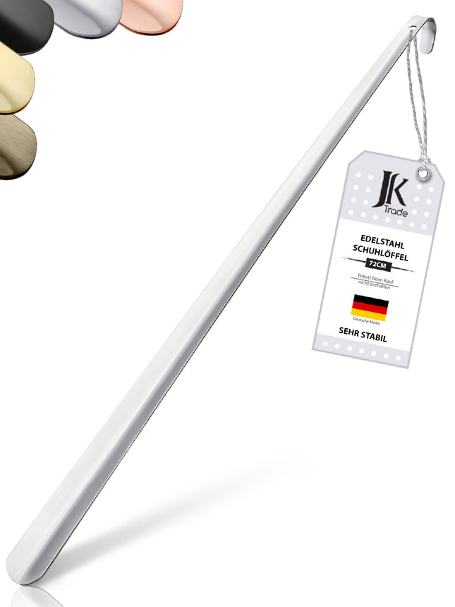 Titelbild mit Farbauswahl & Etikett des Schuhlöffels aus Edelstahl in Silber, 72 cm Länge