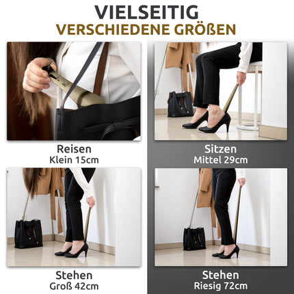 Anwendungsbilder für verschiedene Größen des Schuhlöffels aus Edelstahl in Vintage, 15 cm Länge