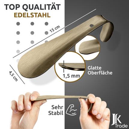 Maßangaben & Materialdetails des Schuhlöffels aus Edelstahl in Vintage, 15 cm Länge