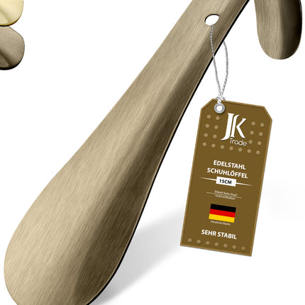 Titelbild mit Farbauswahl & Etikett des Schuhlöffels aus Edelstahl in Vintage, 15 cm Länge