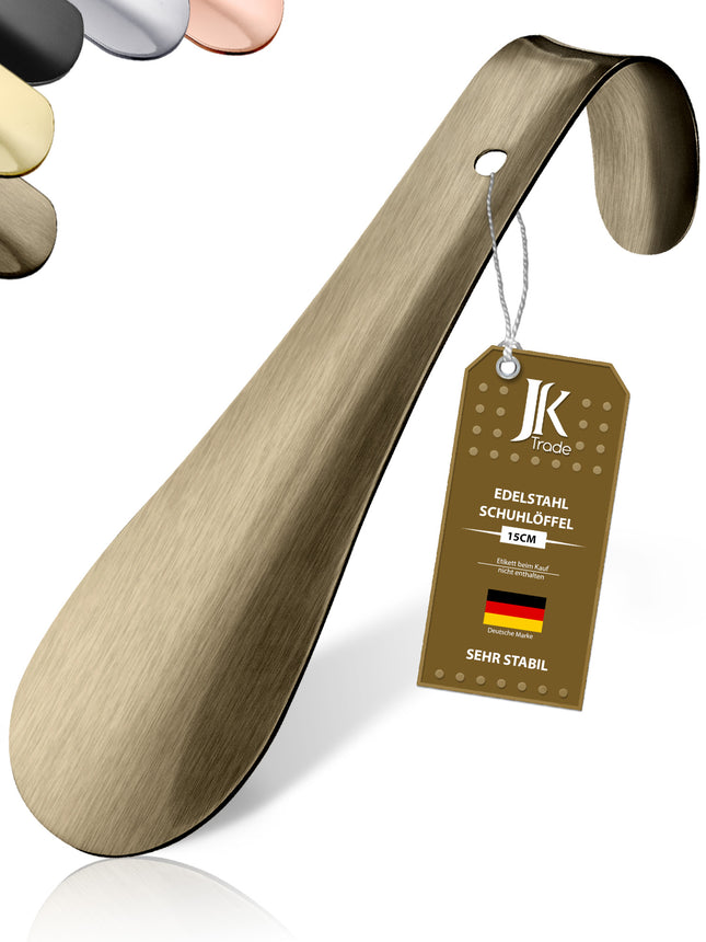 Titelbild mit Farbauswahl & Etikett des Schuhlöffels aus Edelstahl in Vintage, 15 cm Länge