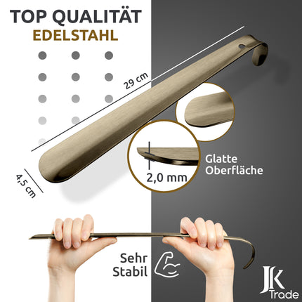 Maßangaben & Materialdetails des Schuhlöffels aus Edelstahl in Vintage, 29 cm Länge