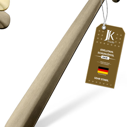 Titelbild mit Farbauswahl & Etikett des Schuhlöffels aus Edelstahl in Vintage, 29 cm Länge
