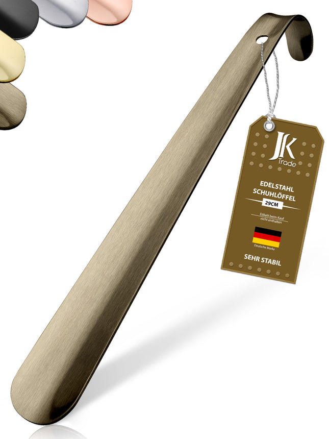 Titelbild mit Farbauswahl & Etikett des Schuhlöffels aus Edelstahl in Vintage, 29 cm Länge