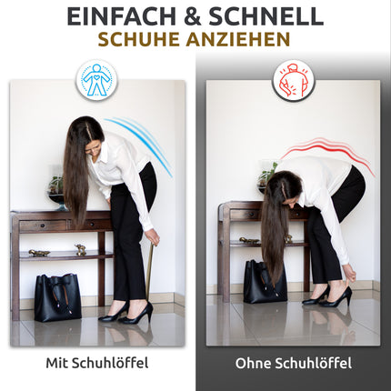 Vergleich mit und ohne Schuhlöffel des Schuhlöffels aus Edelstahl in Vintage, 29 cm Länge