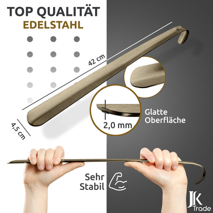 Maßangaben & Materialdetails des Schuhlöffels aus Edelstahl in Vintage, 42 cm Länge