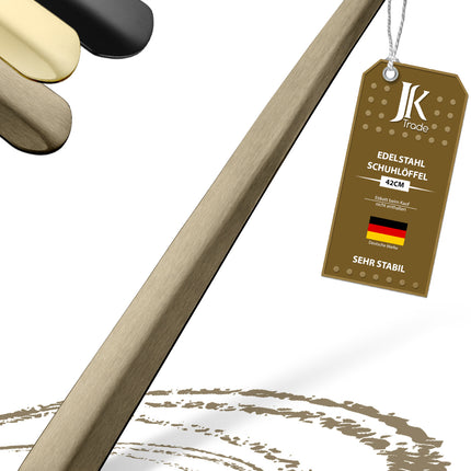 Titelbild mit Farbauswahl & Etikett des Schuhlöffels aus Edelstahl in Vintage, 42 cm Länge