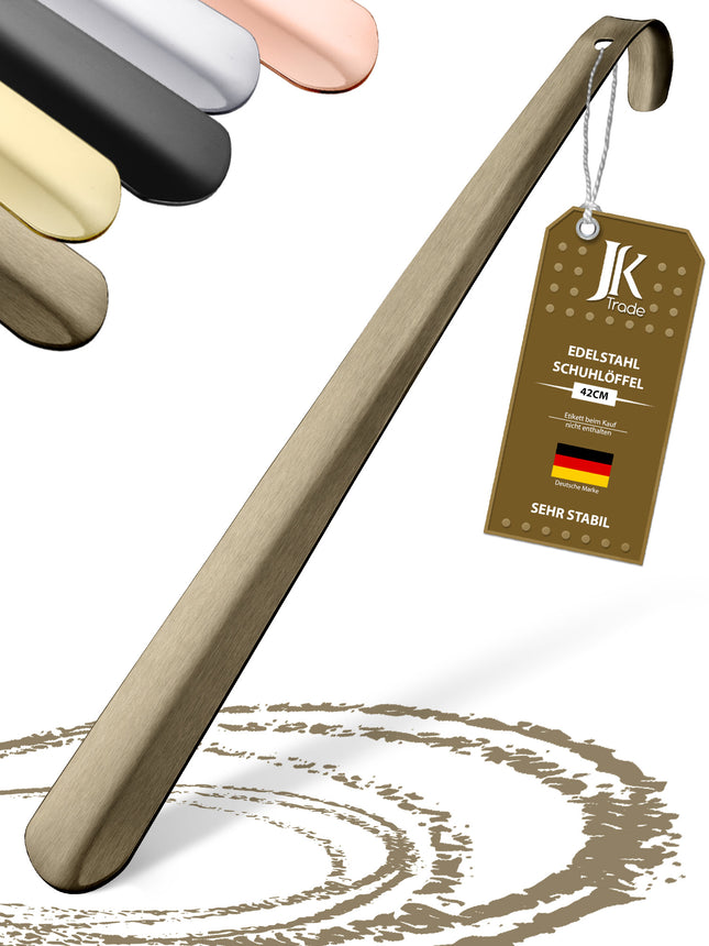 Titelbild mit Farbauswahl & Etikett des Schuhlöffels aus Edelstahl in Vintage, 42 cm Länge