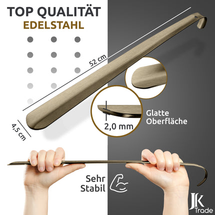 Maßangaben & Materialdetails des Schuhlöffels aus Edelstahl in Vintage, 52 cm Länge