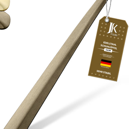 Titelbild mit Farbauswahl & Etikett des Schuhlöffels aus Edelstahl in Vintage, 52 cm Länge