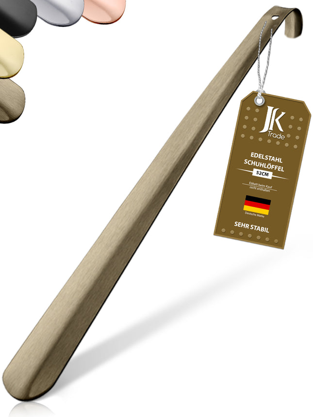 Titelbild mit Farbauswahl & Etikett des Schuhlöffels aus Edelstahl in Vintage, 52 cm Länge
